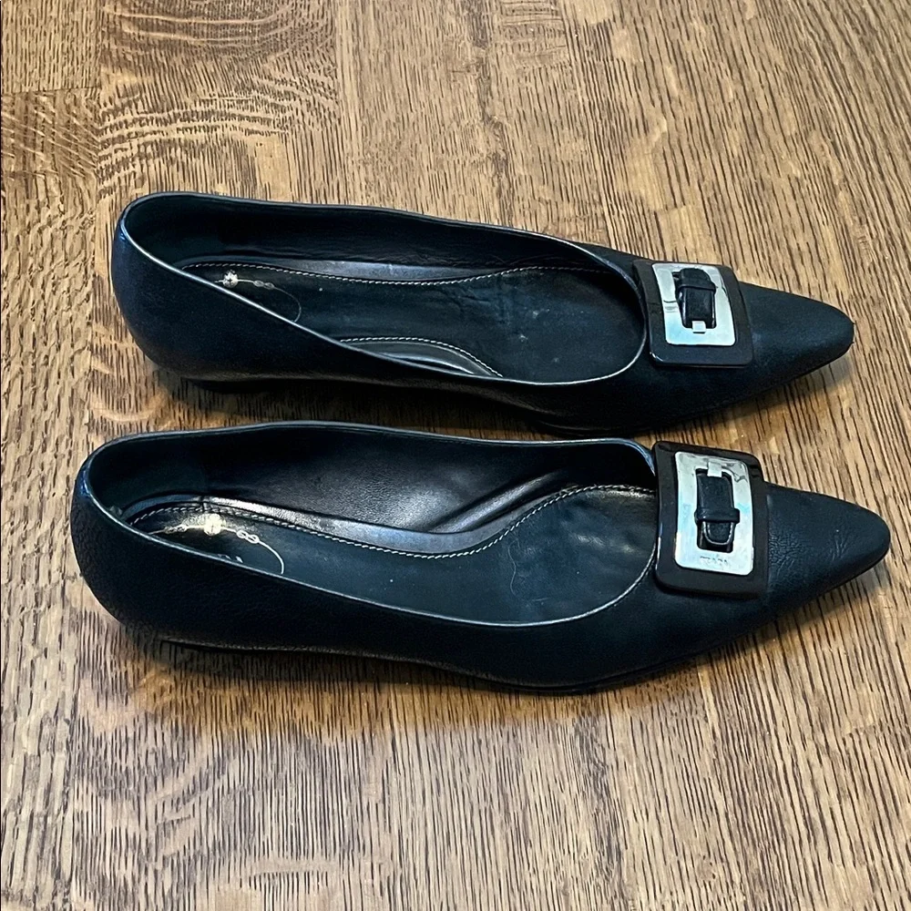 Prada Black Leather Point Toe Flats with Silver Buckle - Picture 4 of 12
